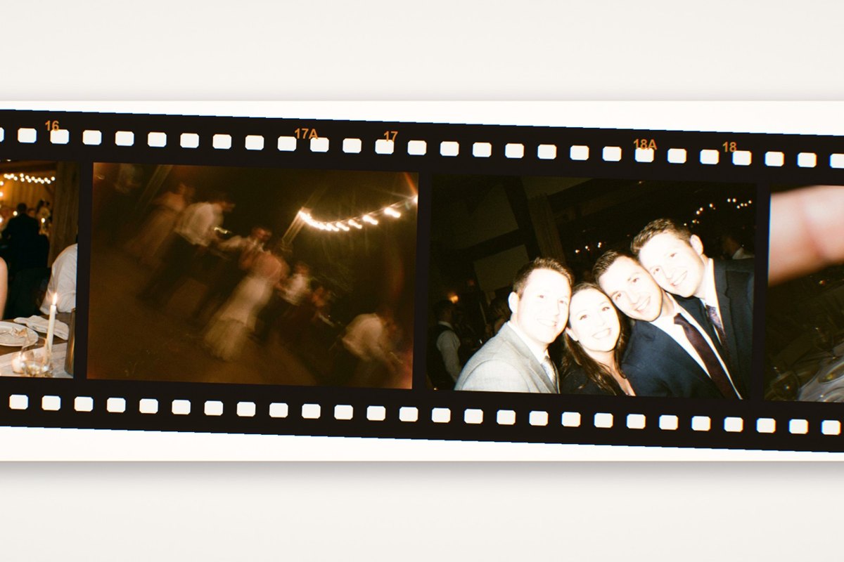 A strip of developed film frames from a wedding reception, some sharp and warm, several dark or blurred