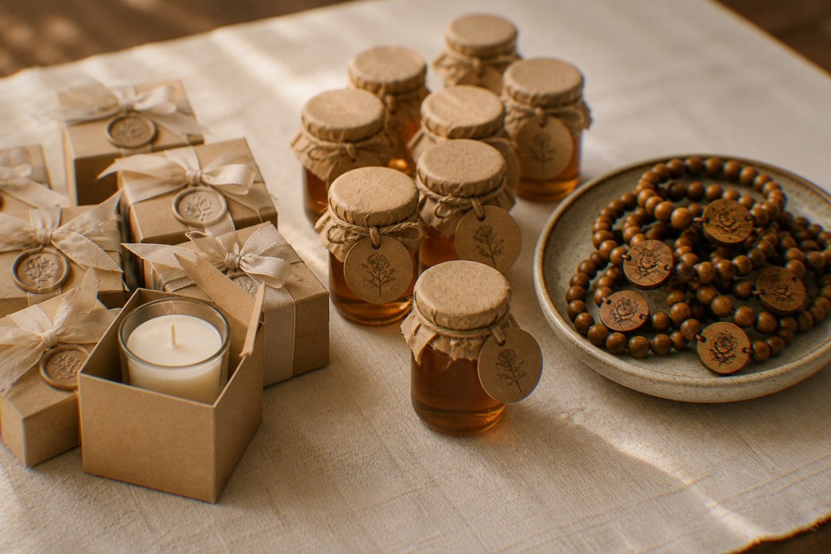 Three groups of wedding favors compared on a linen runner: boxed votive candles, small honey jars with twine, and a dish of wooden bead bracelets with engraved name tags