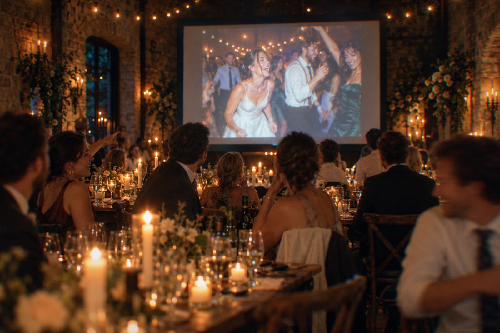 Guests at candlelit tables in a stone-walled reception hall turn to watch a large projection screen showing a candid photo of the bride dancing with friends