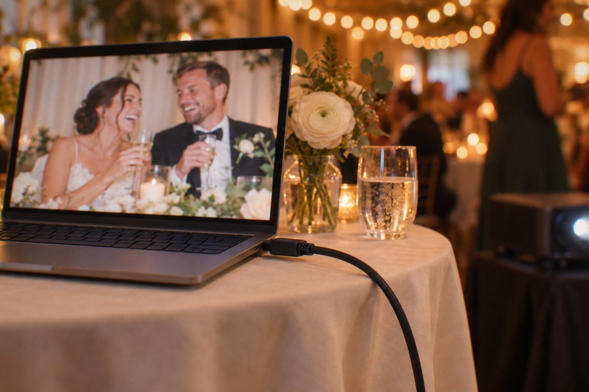 A laptop on a draped side table at a candlelit reception shows a photo of the couple laughing mid-toast, an HDMI cable running from it toward a projector