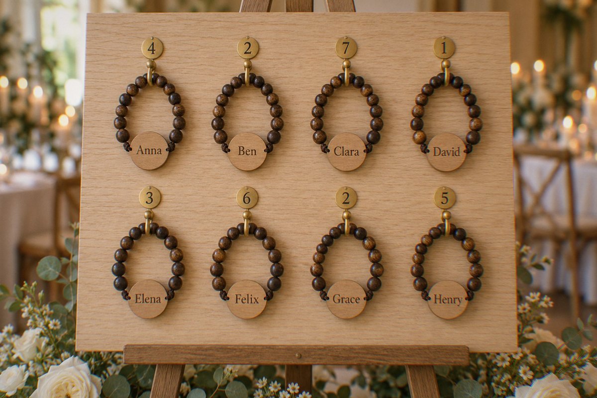 A pale oak escort board on an easel with two rows of brass hooks, each holding a wooden bead bracelet whose wood tag shows one guest’s name, Anna to Henry in alphabetical order, under a small brass tag with that guest’s table number