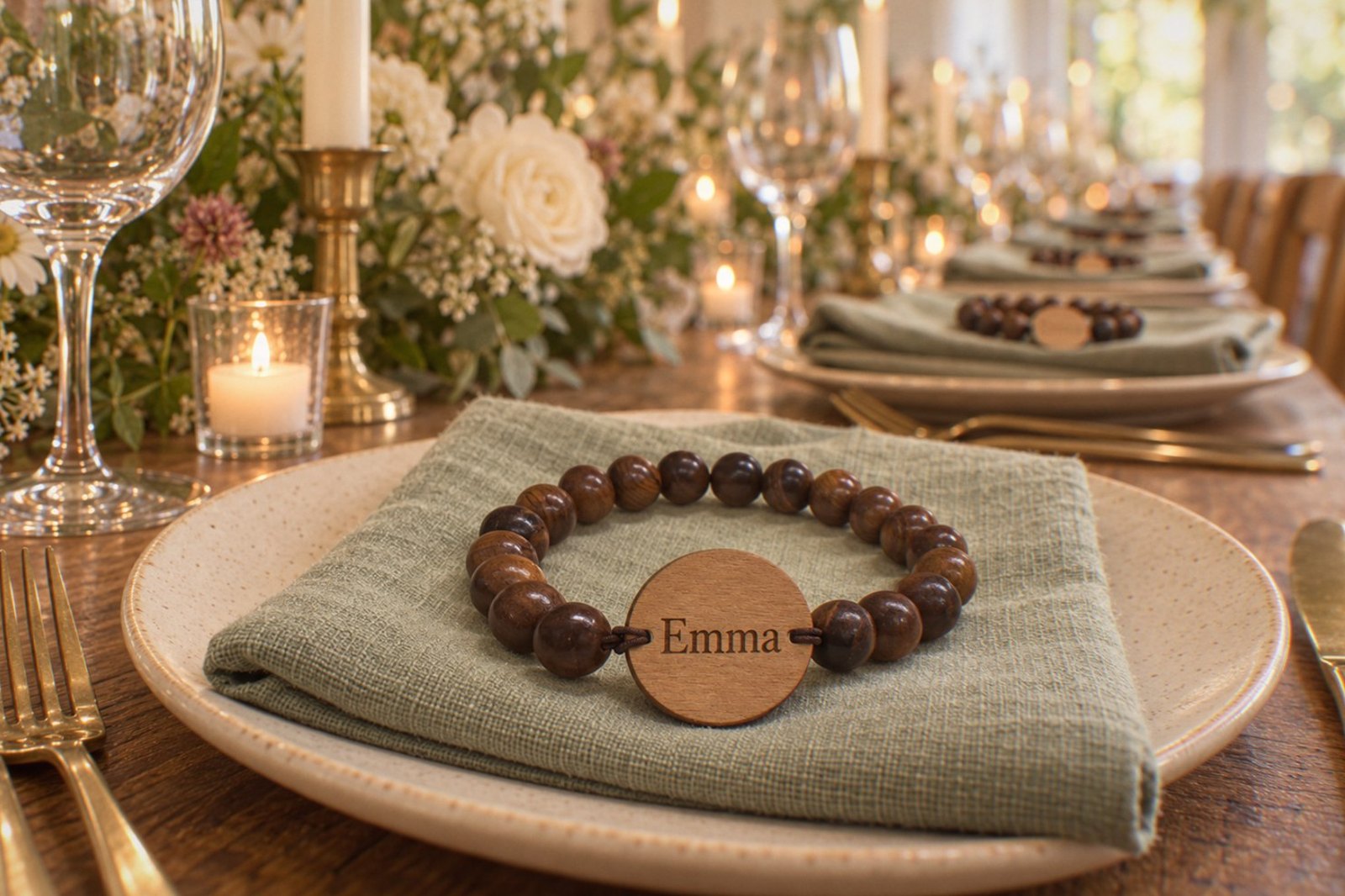 A wooden bead bracelet with a round wood tag engraved with the name Emma, resting on a folded sage linen napkin as a guest’s place card, with more bracelets waiting at each place down a candlelit table