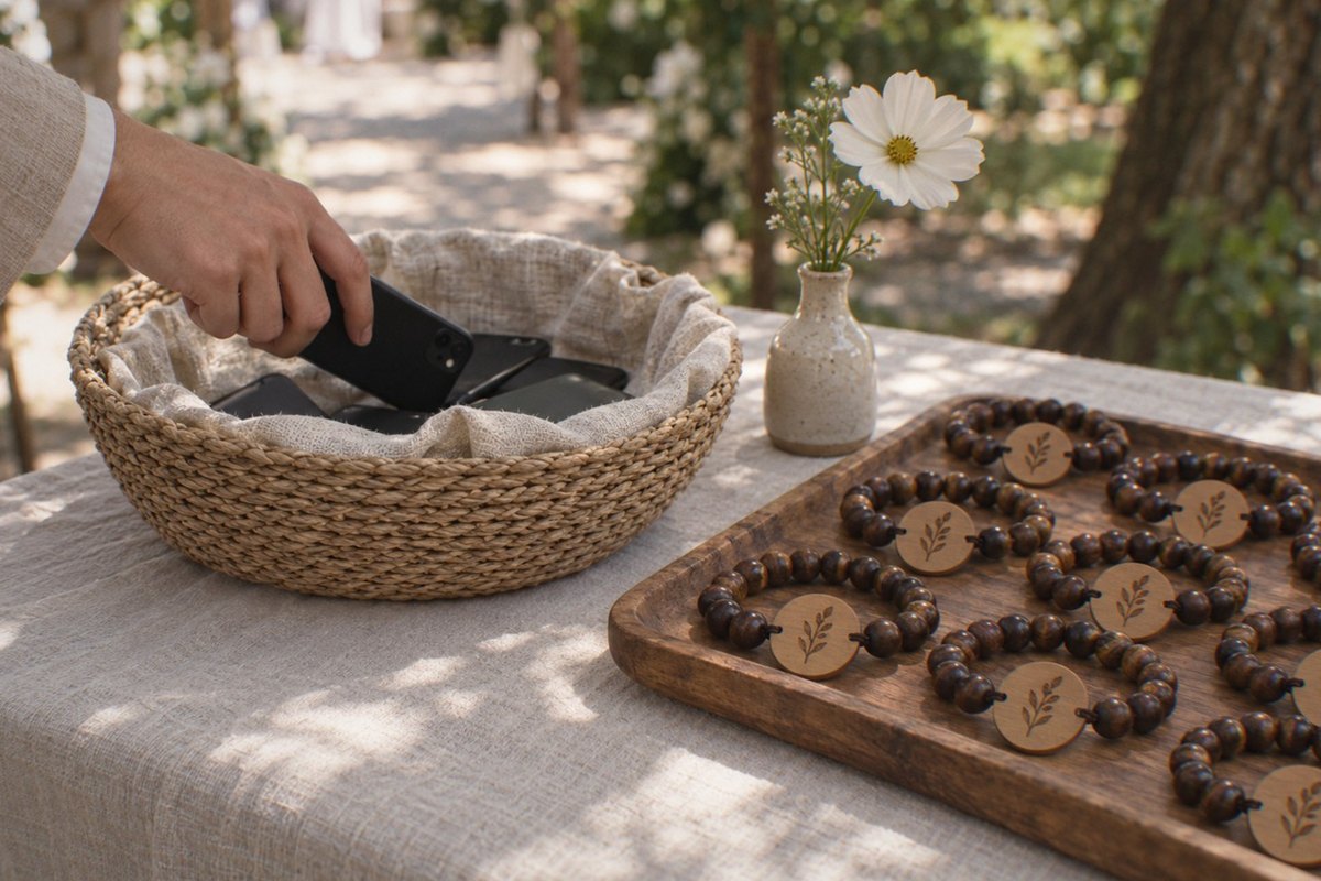 A guest’s hand placing a smartphone face-down into a linen-lined basket on a welcome table beside a tray of wooden bead bracelets with engraved wood tags