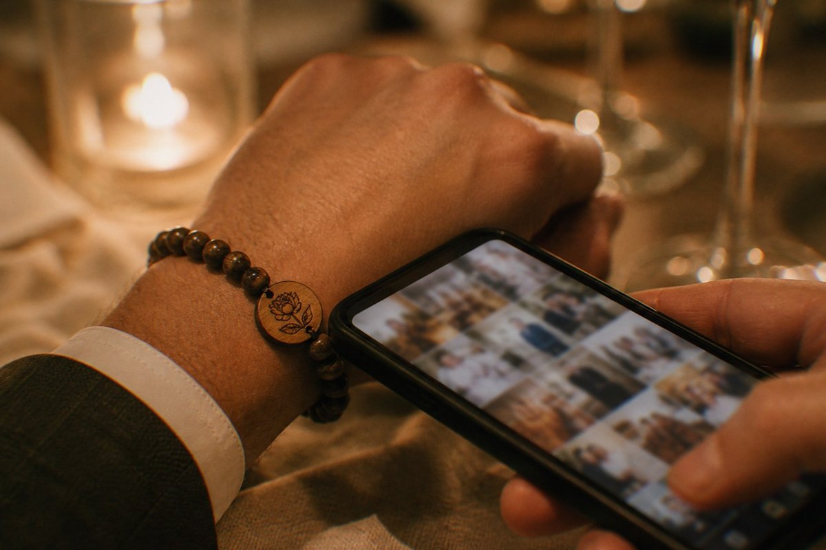 La muñeca de una invitada con una pulsera de cuentas de madera y placa grabada, mientras su otra mano acerca un teléfono a la pulsera en una mesa iluminada con velas