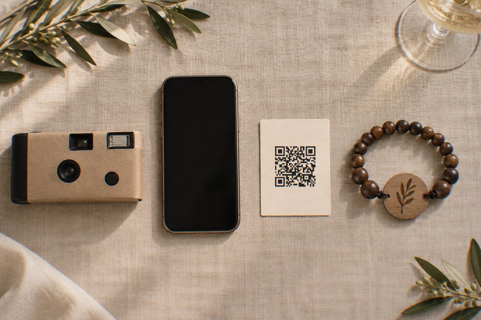 An overhead flat-lay on a linen tablecloth of four ways guests share wedding photos: a single-use film camera, a smartphone, a small card printed with a QR code and a wooden bead bracelet with an engraved wood tag