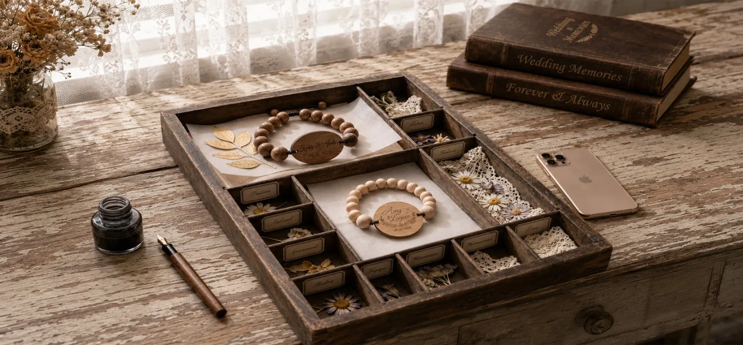 Engraved keepsake bracelets resting in a partitioned wooden tray beside dried flowers and a phone.