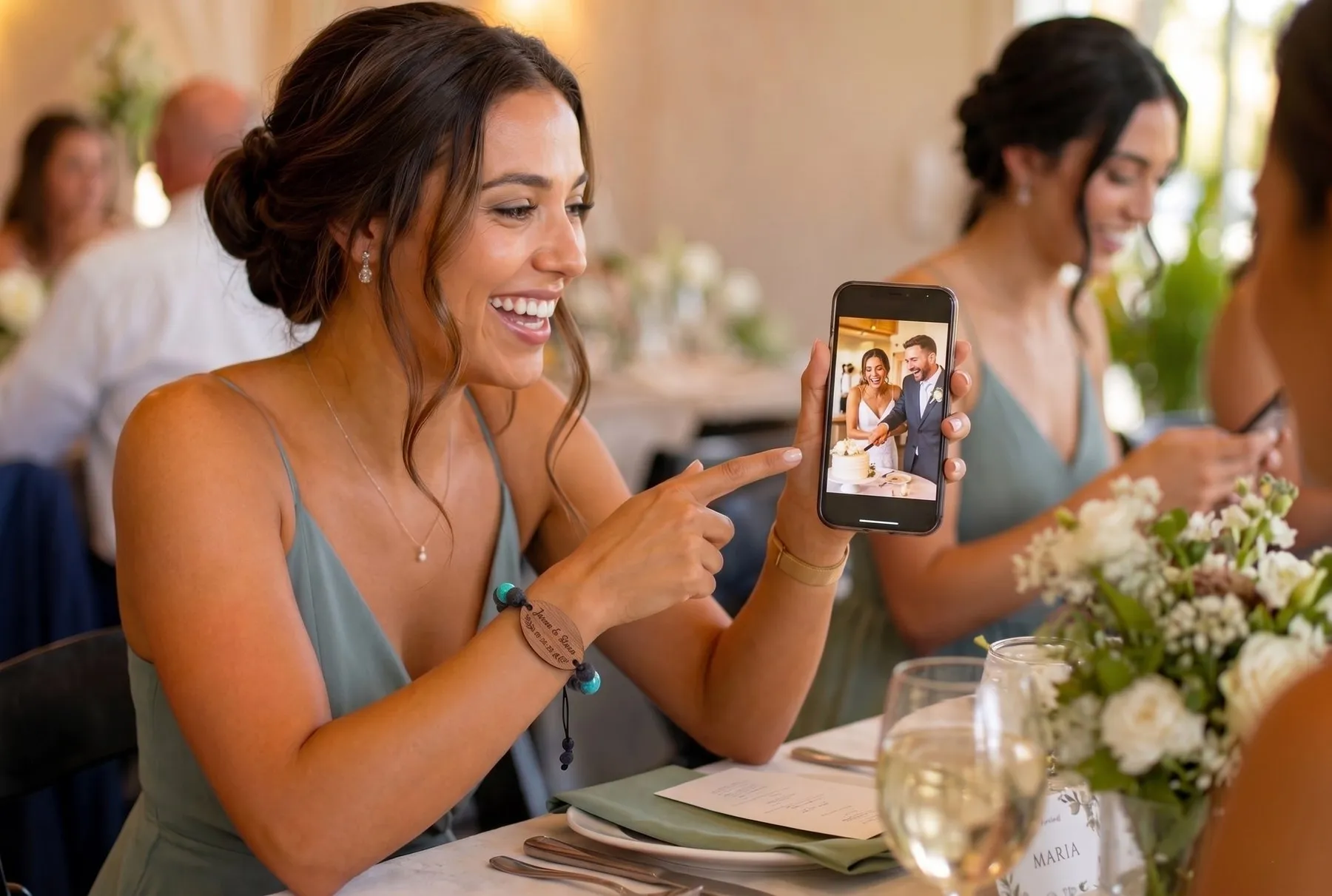 A wedding guest wearing her engraved WearableWedding band, laughing as she shares a photo from the day on her phone.