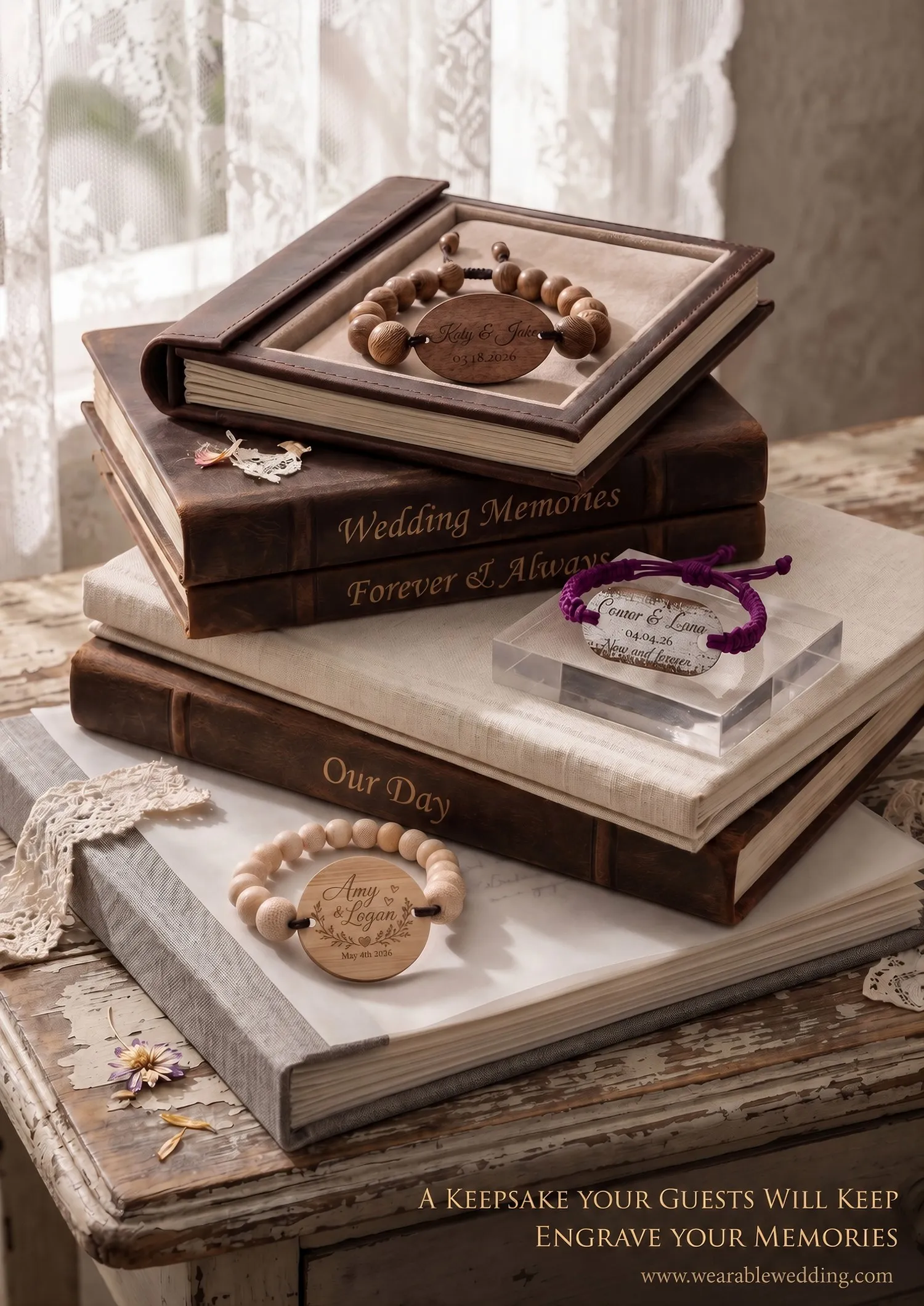 Engraved WearableWedding bands styled on stacked vintage wedding-memory books — a keepsake your guests will keep.