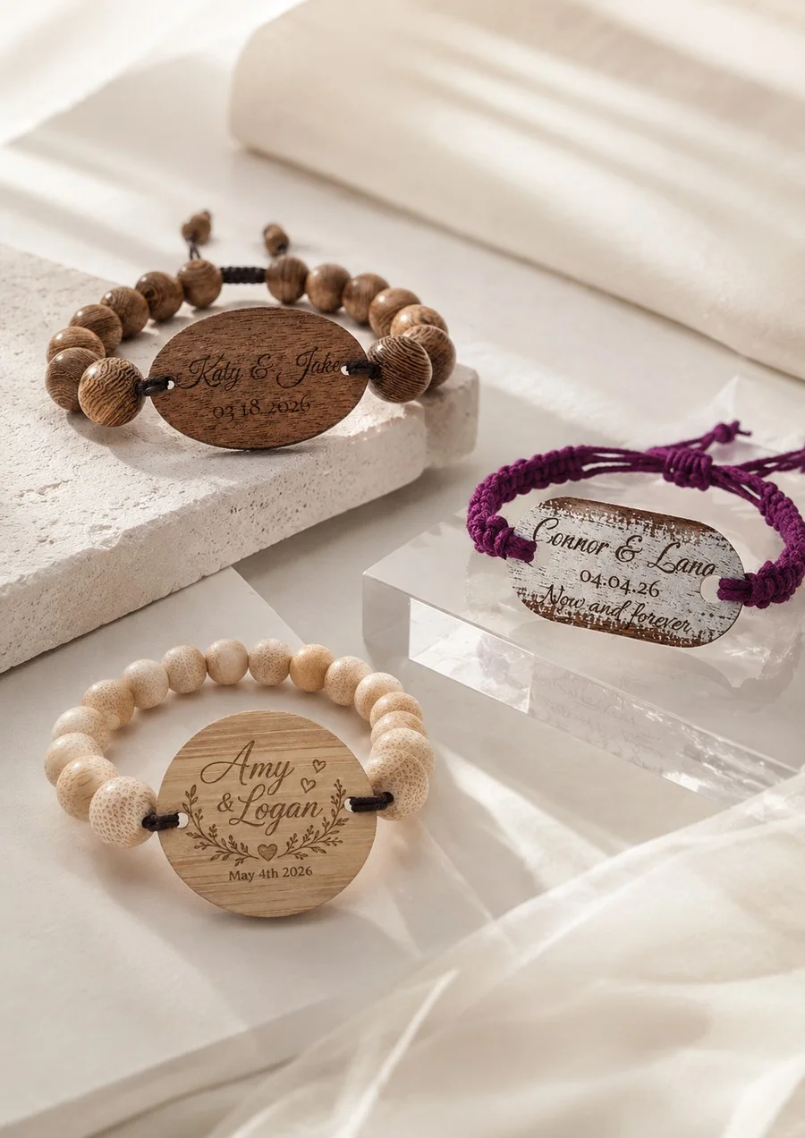 Three real engraved WearableWedding bands — Katy & Jake, Connor & Lana and Amy & Logan — styled on cream stone with silk.